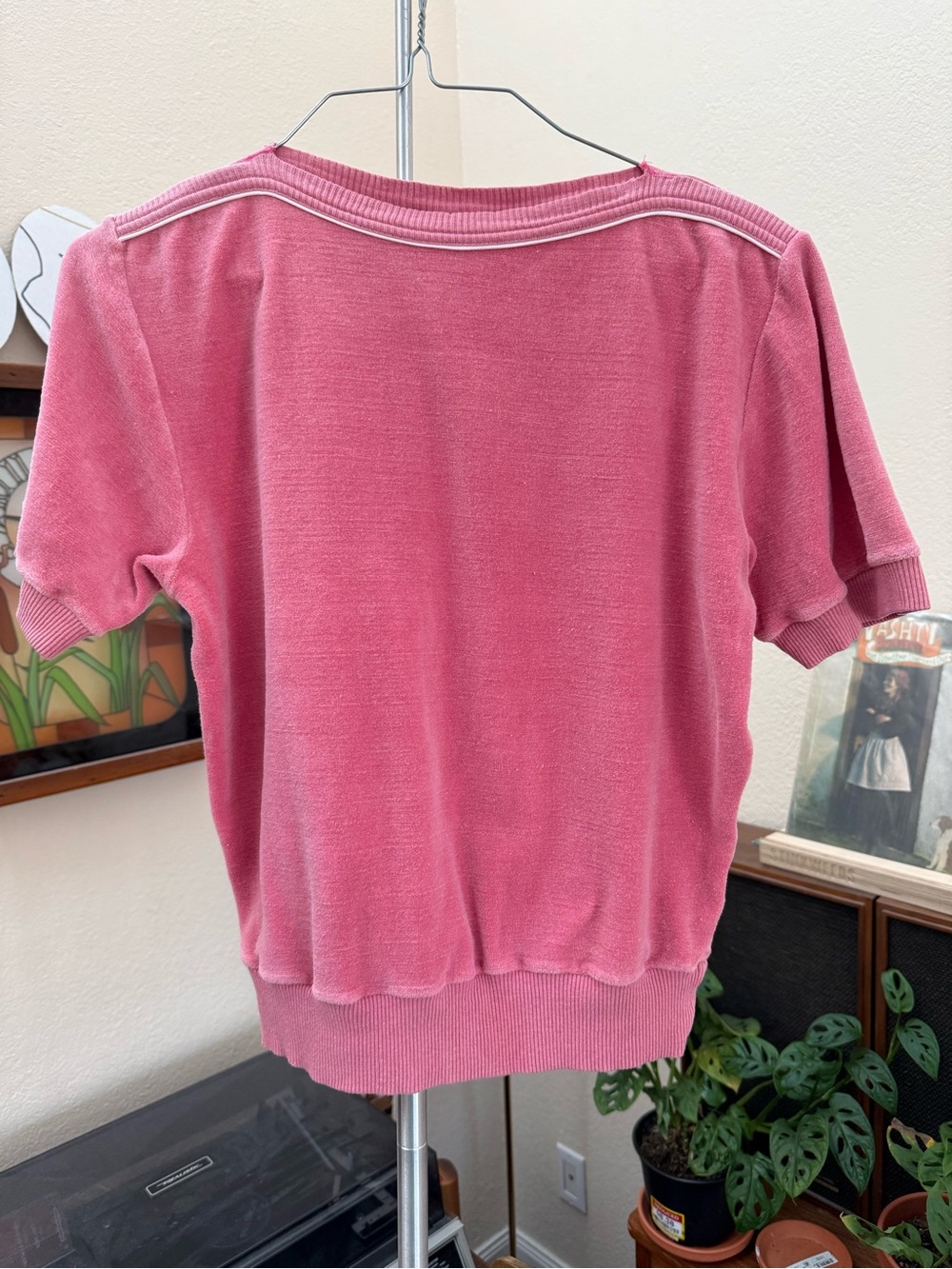 Vintage Women’s Short Sleeve Towel Texture Pullover Top - Pink
